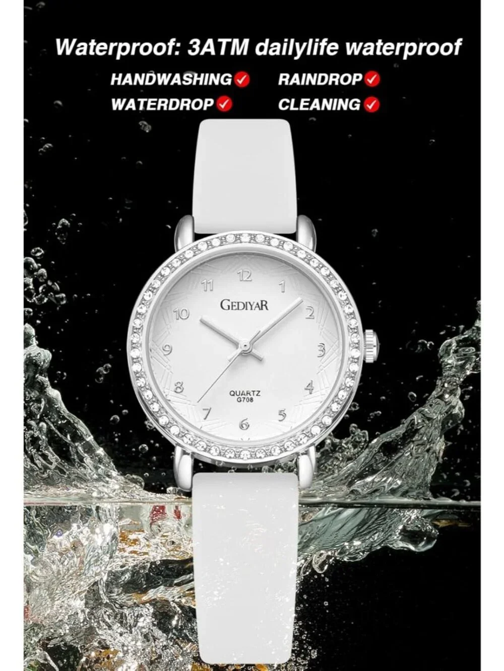 Women's All White Analog Quartz Crystal Rhinestone Bezel Waterproof Wrist Watch